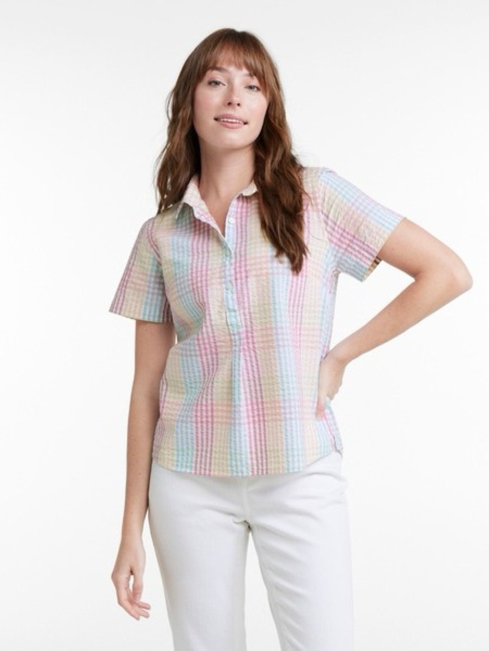 LL Bean Women's (P) XS Vacationland Seersucker, Gingham Plaid Pastel T-Shirt